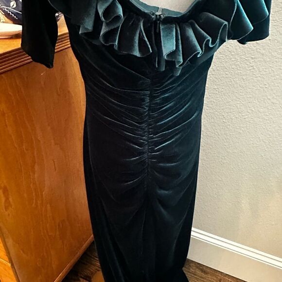 Xscape "TIFFANY" LONG VELVET 3/4 SLEEVE RUFFLE TOP DRESS - Picture 6 of 6